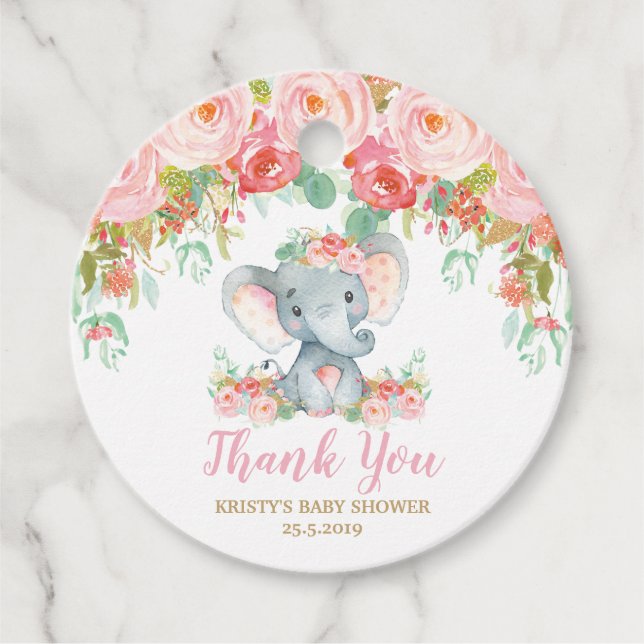 Blush Pink Floral Elephant Baby Dusche Danke Geschenkanhänger (Vorderseite)