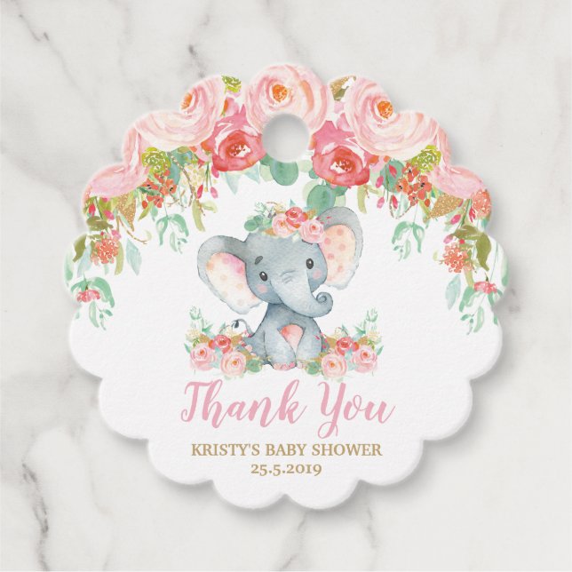 Blush Pink Floral Elephant Baby Dusche Danke Geschenkanhänger (Vorderseite)