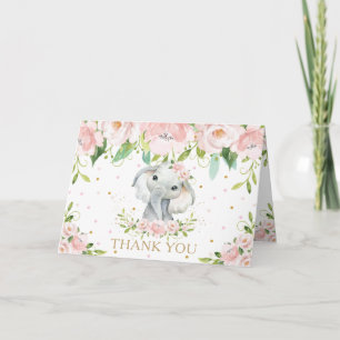 Blush Pink Floral Elephant Baby Dusche Geburtstag Dankeskarte
