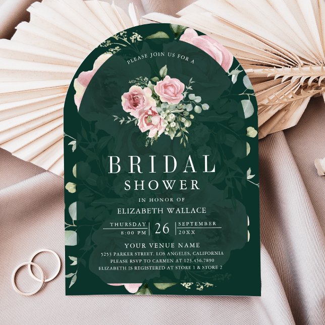 Blush Pink Floral Emerald Green Bridal Shower Einladung (Von Creator hochgeladen)