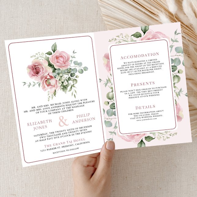 Blush Pink Floral Eucalyptus All in One Wedding Einladung (Von Creator hochgeladen)
