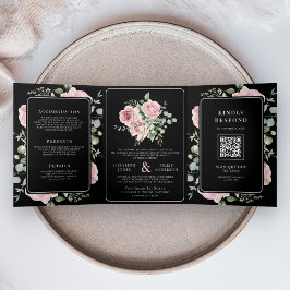 Blush Pink Floral Eucalyptus Black QR Code Wedding Dreifach Gefaltete Einladung