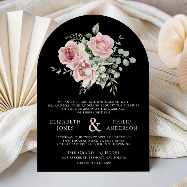 Blush Pink Floral Eucalyptus Black QR Code Wedding Einladung (Von Creator hochgeladen)