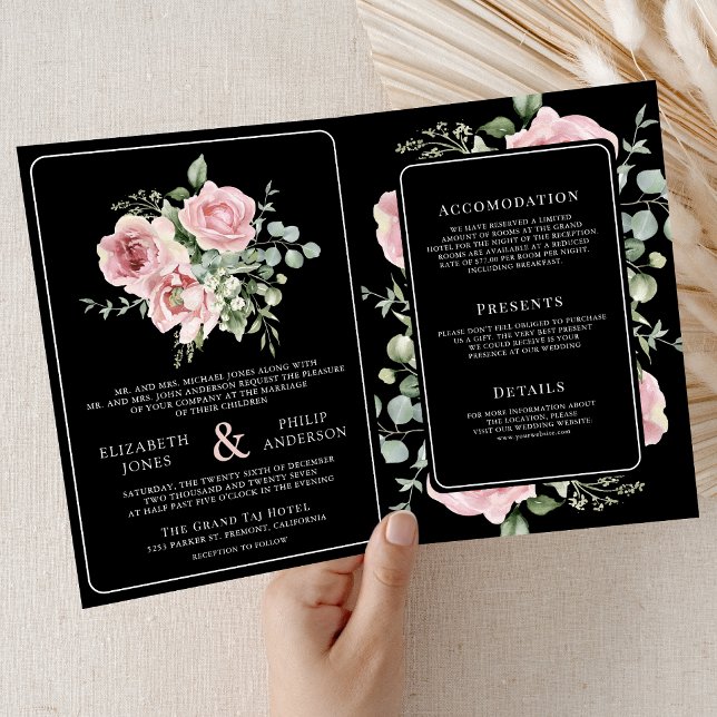Blush Pink Floral Eucalyptus Black Wedding Einladung (Von Creator hochgeladen)