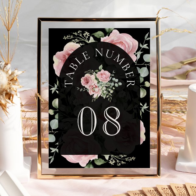 Blush Pink Floral Eucalyptus Black Wedding Tischnummer (Von Creator hochgeladen)