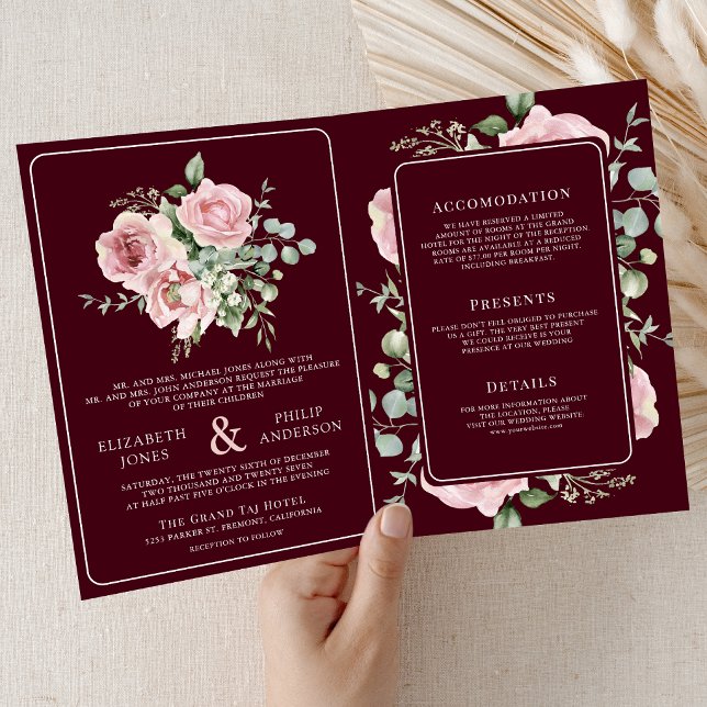 Blush Pink Floral Eucalyptus Burgundy Wedding Einladung (Von Creator hochgeladen)