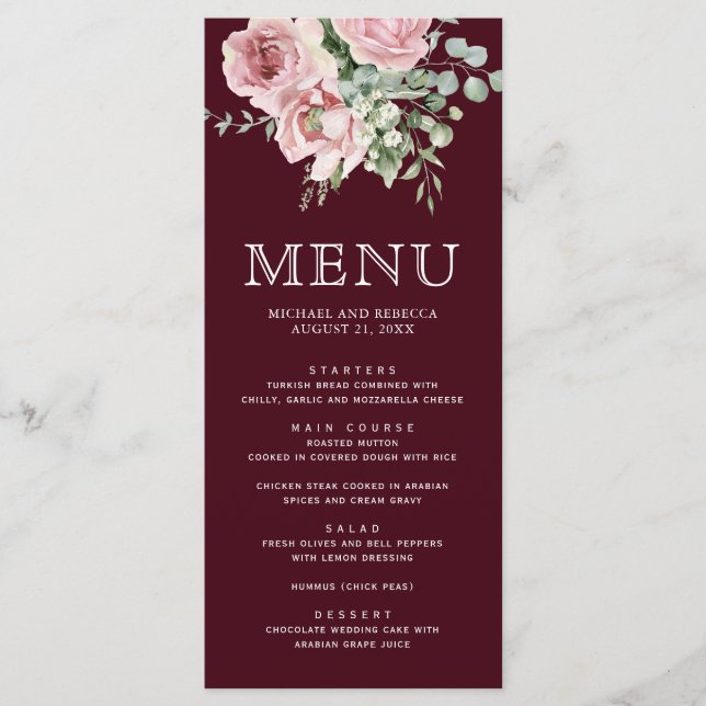 Blush Pink Floral Eucalyptus Burgundy Wedding Menükarte (Vorderseite)