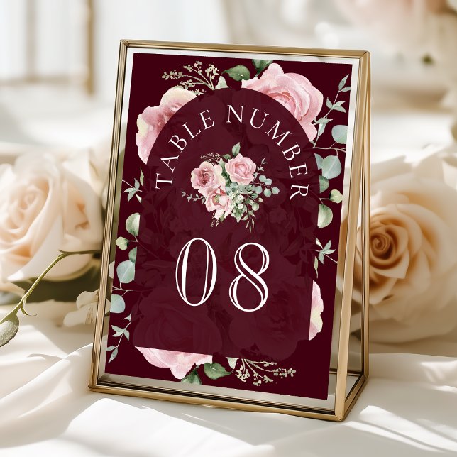 Blush Pink Floral Eucalyptus Burgundy Wedding Tischnummer (Von Creator hochgeladen)