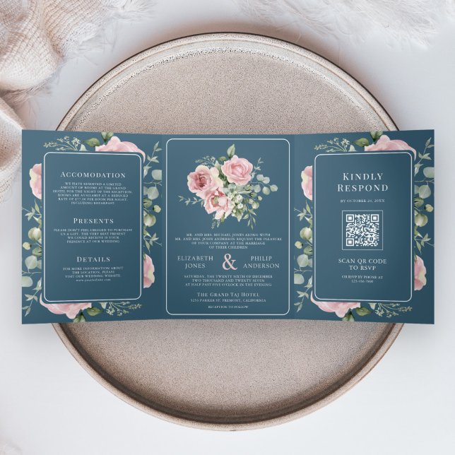 Blush Pink Floral Eucalyptus Dusty Blue Wedding Dreifach Gefaltete Einladung (Von Creator hochgeladen)
