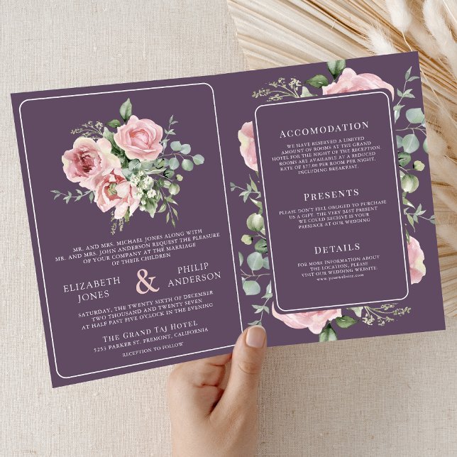 Blush Pink Floral Eucalyptus Dusty Purple Wedding Einladung (Von Creator hochgeladen)