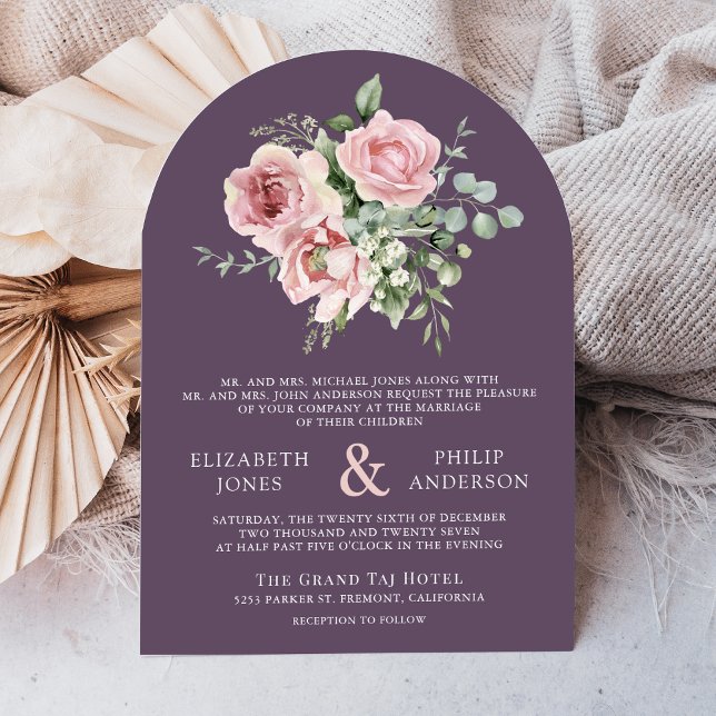 Blush Pink Floral Eucalyptus Dusty Purple Wedding Einladung (Von Creator hochgeladen)