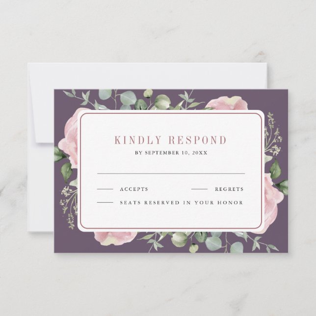 Blush Pink Floral Eucalyptus Dusty Purple Wedding RSVP Karte (Vorderseite)