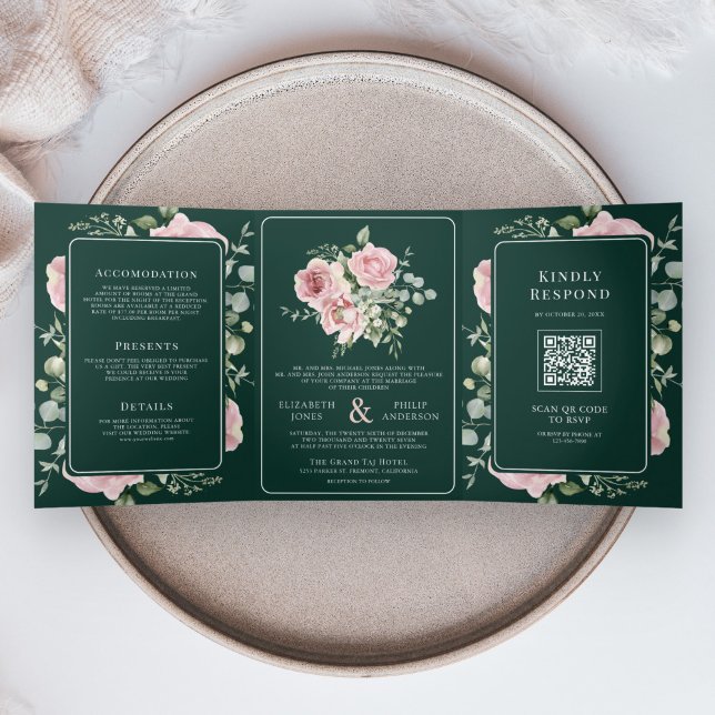 Blush Pink Floral Eucalyptus Emerald Green Wedding Dreifach Gefaltete Einladung (Von Creator hochgeladen)