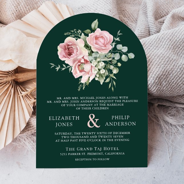Blush Pink Floral Eucalyptus Emerald Green Wedding Einladung (Von Creator hochgeladen)