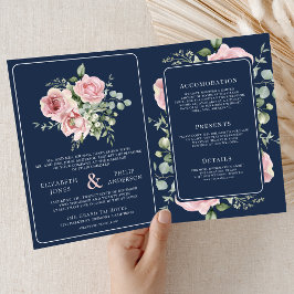 Blush Pink Floral Eucalyptus Navy Blue Wedding Einladung