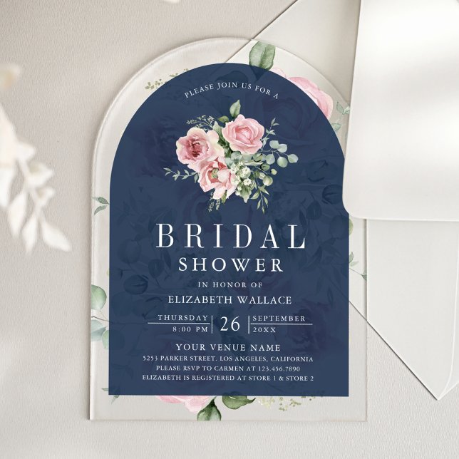Blush Pink Floral Eucalyptus Navy Bridal Shower Acryleinladungen (Von Creator hochgeladen)
