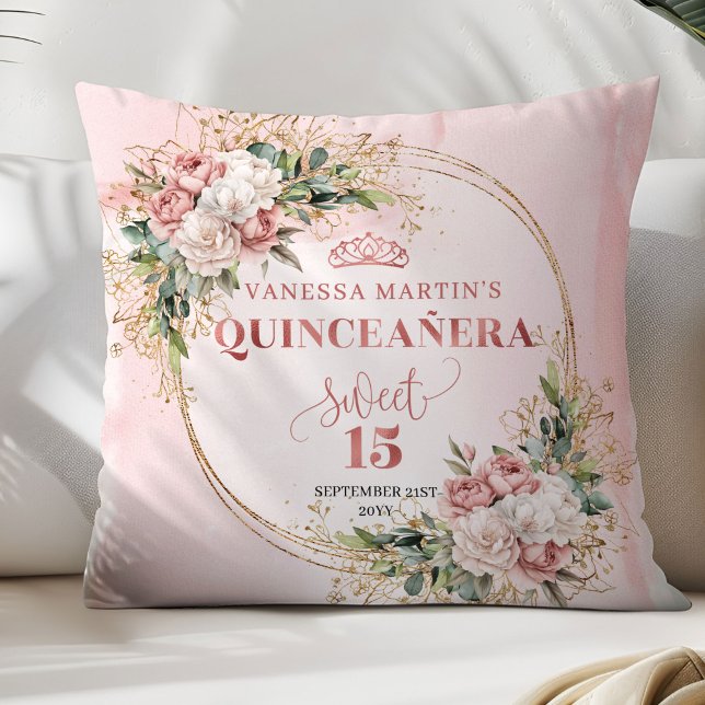 Blush Pink Floral Eucalyptus Quinceañera Keepsake  Kissen (Blush Pink Floral Eucalyptus Quinceañera Keepsake Pillow)
