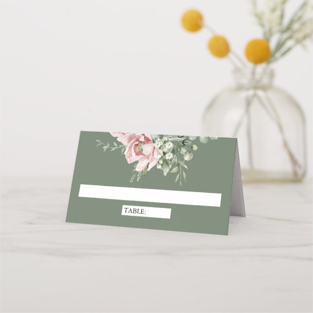 Blush Pink Floral Eucalyptus Sage Green Wedding Platzkarte (Vorderseite)