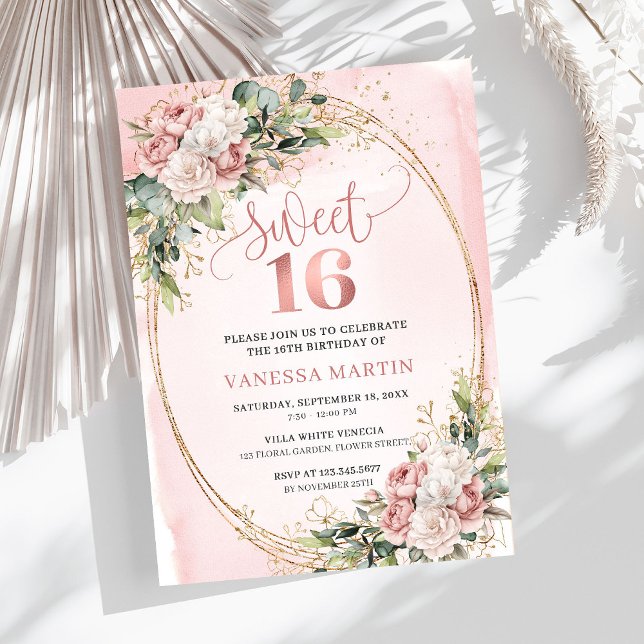 Blush Pink Floral Eucalyptus Sweet 16 Birthday  Einladung (Blush Pink Floral Eucalyptus Sweet 16 Birthday Invite)