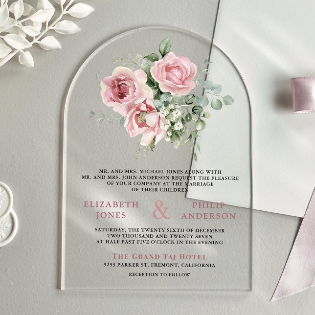 Blush Pink Floral Eucalyptus Wedding Acryleinladungen (Von Creator hochgeladen)