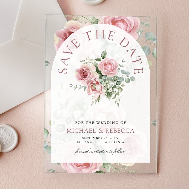 Blush Pink Floral Eucalyptus Wedding Save the Date Acryleinladungen (Von Creator hochgeladen)