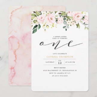 Blush Pink Floral & Eukalyptus Girl 1. Geburtstag Einladung