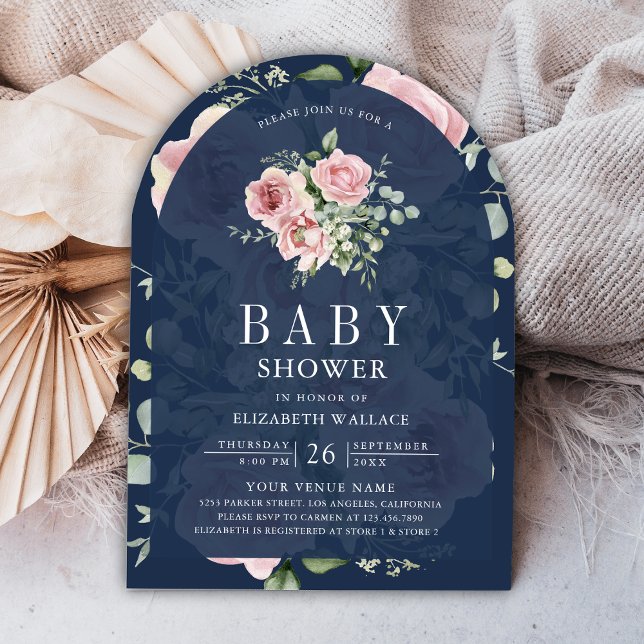 Blush Pink Floral Eukalyptus Navy Blue Baby Dusche Einladung (Von Creator hochgeladen)