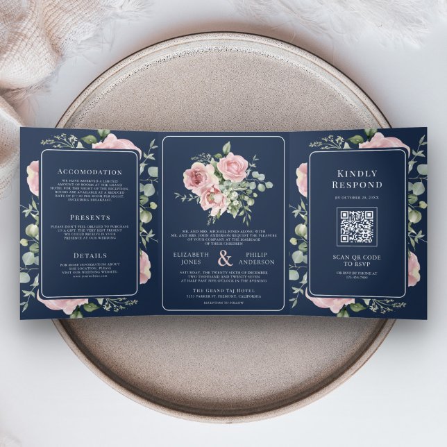 Blush Pink Floral Eukalyptus Navy Blue Wedding Dreifach Gefaltete Einladung (Von Creator hochgeladen)