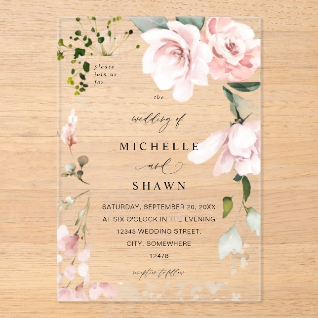 Blush Pink Floral & Eukalyptus Wedding 2B Acryleinladungen (Vorderseite)