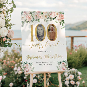Blush Pink Floral Foto 100. Geburtstag Willkommen Poster