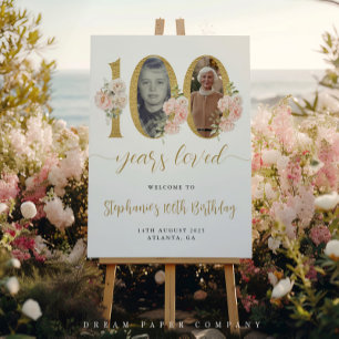 Blush Pink Floral Foto 100. Geburtstag Willkommen Poster