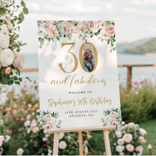 Blush Pink Floral Foto 30. Geburtstag Begrüßungsze Poster