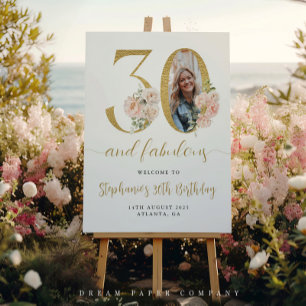 Blush Pink Floral Foto 30. Geburtstag Begrüßungsze Poster