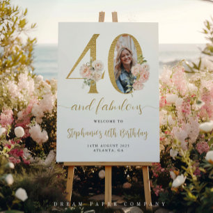 Blush Pink Floral Foto 40. Geburtstag Begrüßungsze Poster