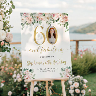 Blush Pink Floral Foto 60. Geburtstag Begrüßungsze Poster