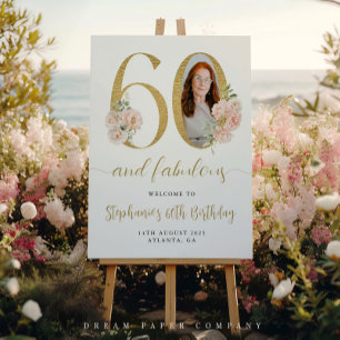 Blush Pink Floral Foto 60. Geburtstag Begrüßungsze Poster
