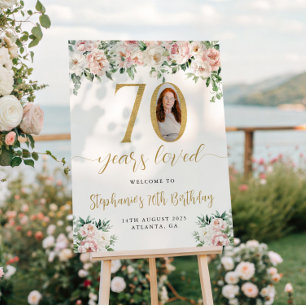 Blush Pink Floral Foto 70. Geburtstag Begrüßungsze Poster