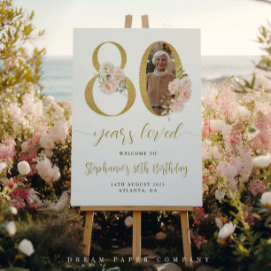 Blush Pink Floral Foto 80. Geburtstag Begrüßungsze Poster