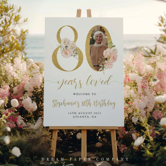 Blush Pink Floral Foto 80. Geburtstag Begrüßungsze Poster