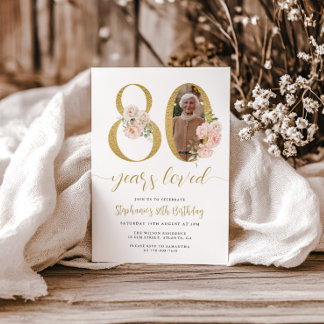 Blush Pink Floral Foto 80. Geburtstag Einladung