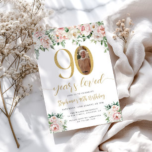 Blush Pink Floral Foto 90. Geburtstag Einladung
