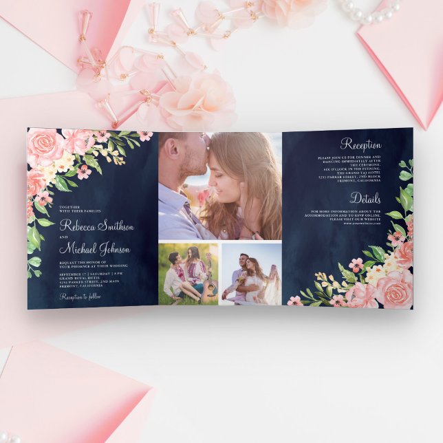 Blush Pink Floral Foto Collage Navy Blue Hochzeit Dreifach Gefaltete Einladung (Von Creator hochgeladen)
