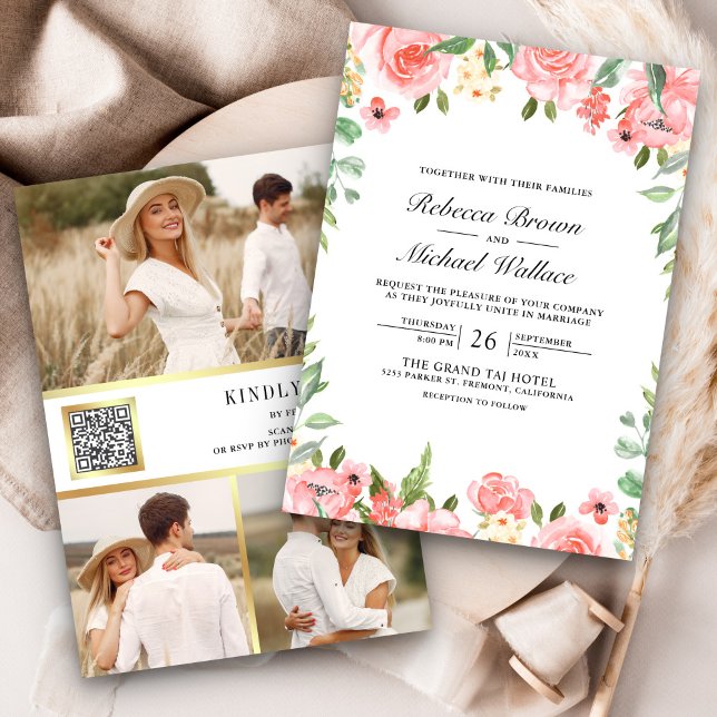 Blush Pink Floral Foto Collage QR Code Hochzeit Einladung (Von Creator hochgeladen)