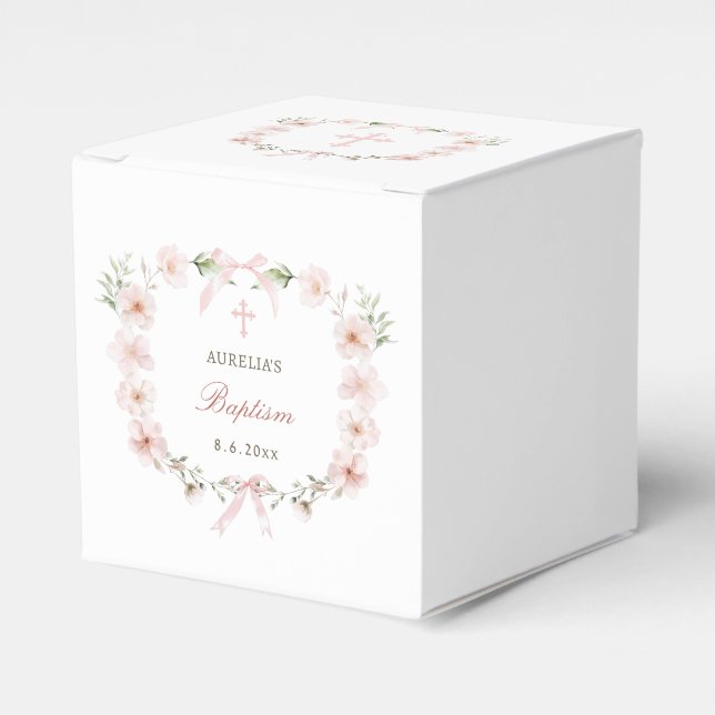 Blush Pink Floral Frame Baptism Cube Geschenkschachtel (Vorderseite)