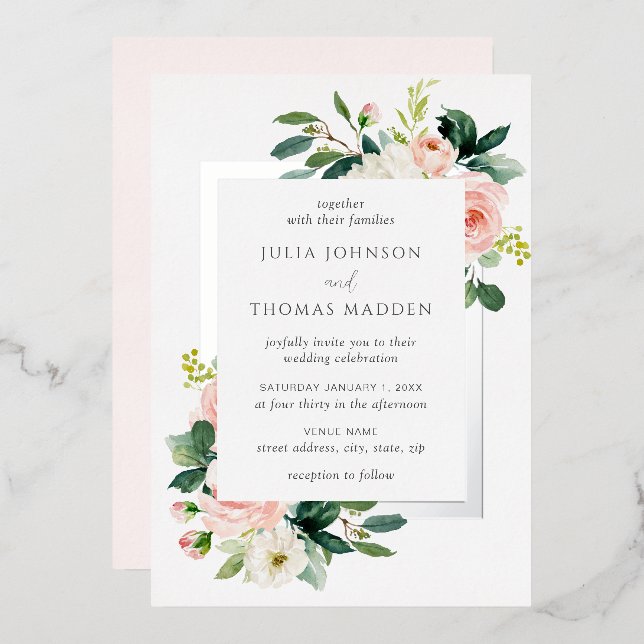 Blush Pink Floral Frame Wedding Folieneinladung (Vorderseite/Rückseite)