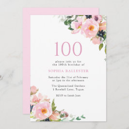 Blush Pink Floral Frauen 100. Geburtstagsparty Einladung