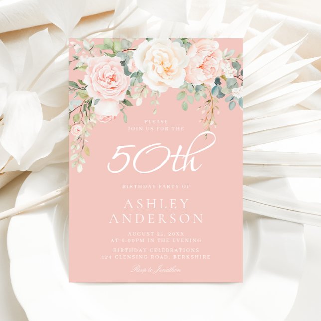 Blush Pink Floral Frauen 50. Geburtstag Einladung (Von Creator hochgeladen)