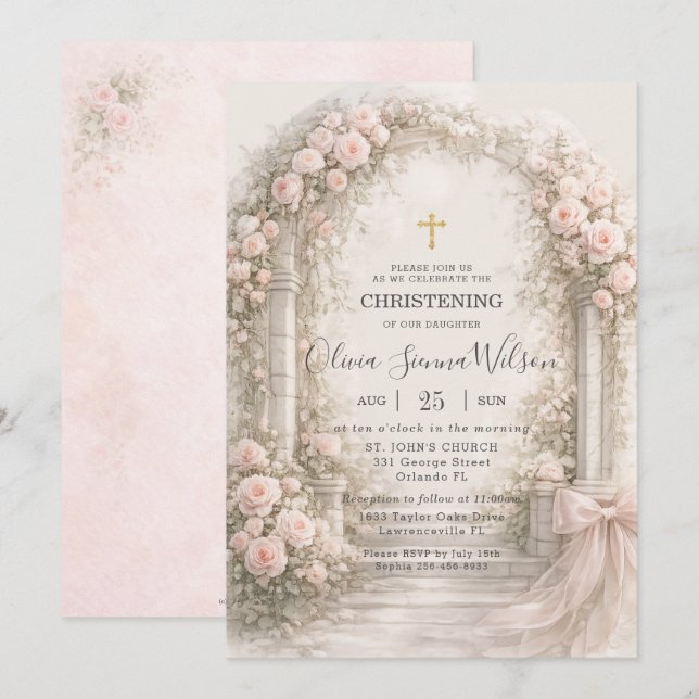 Blush Pink Floral Garden Bow Baptism Christening Einladung (Vorne/Hinten)