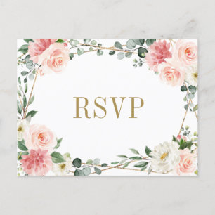 Blush Pink Floral Geometric Botanical Wedding RSVP Postkarte