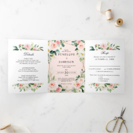Blush Pink Floral Geometric Botanical Wedding Tri- Dreifach-gefaltete Programmkarte